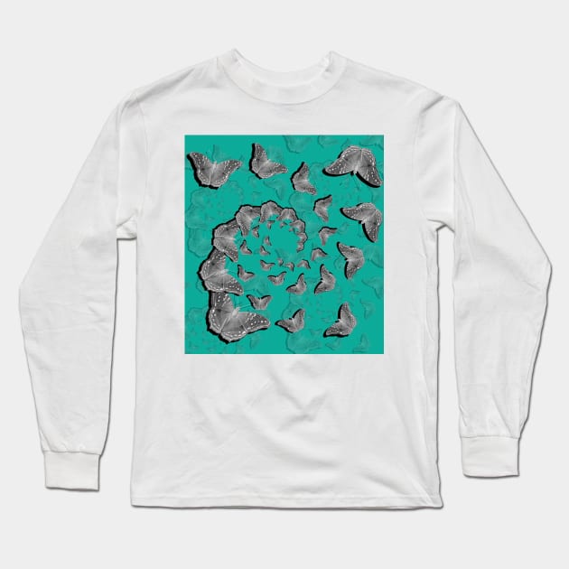 A swirl of gray butterflies on teal background Long Sleeve T-Shirt by hereswendy